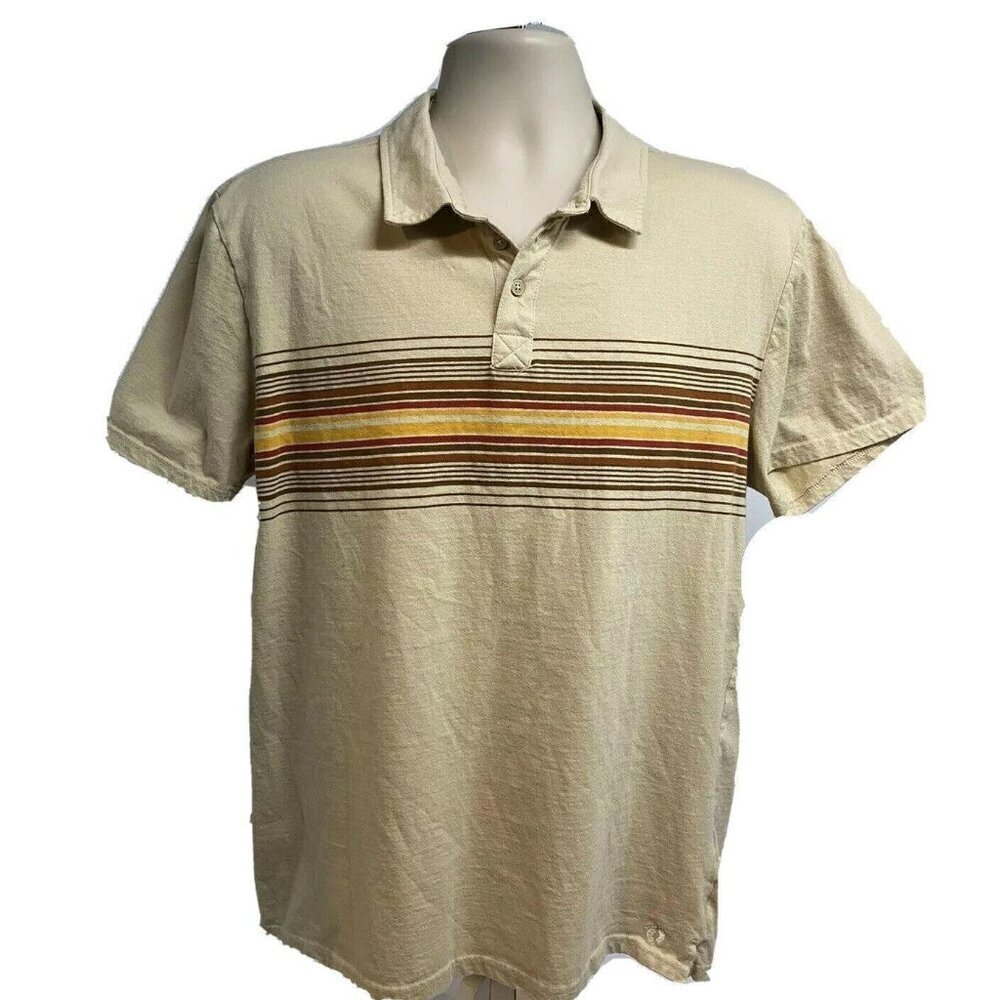Hang Ten Mens Beige Striped Pullover Classic Surfer Polo Shirt Medium Cotton New